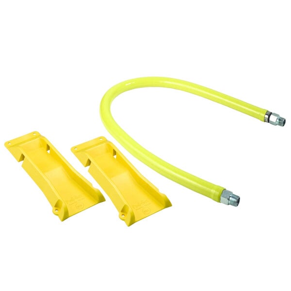 A yellow hose with metal connectors and a yellow POSI-SET wheel.