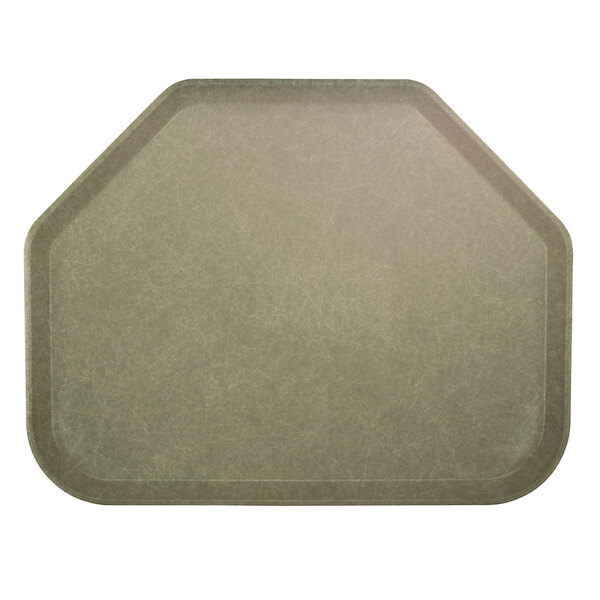 A grey trapezoid-shaped Cambro fiberglass tray on a table.