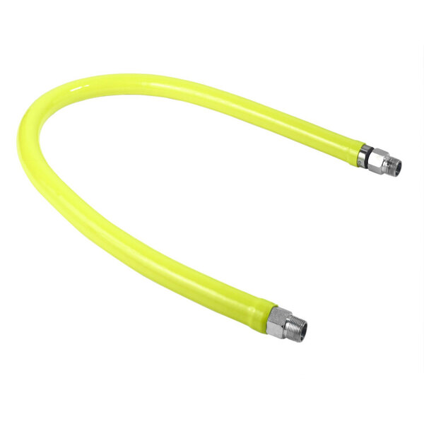 A yellow flexible T&S gas connector hose with silver metal connectors.