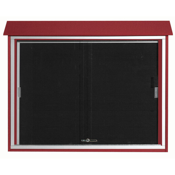 A red and black sliding door with a red window and a black screen.