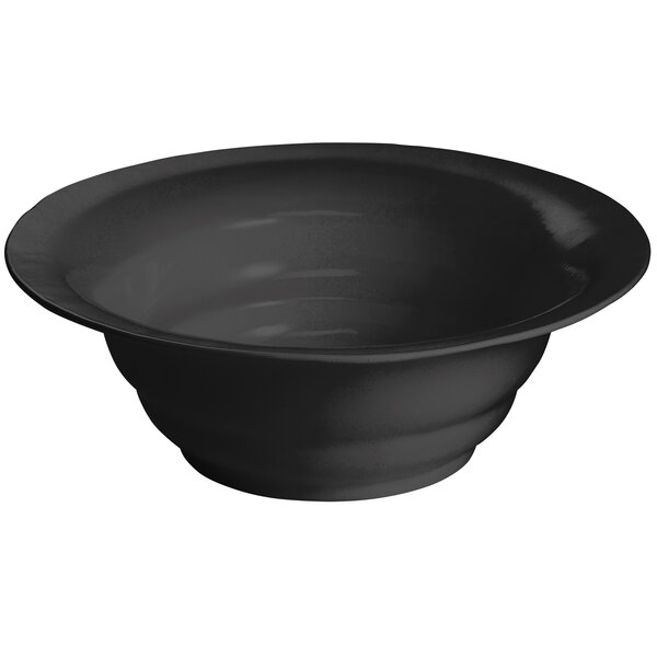 A black Tablecraft cast aluminum salad bowl with a wide rim.