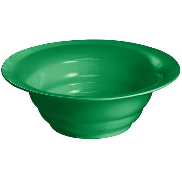 A green Tablecraft cast aluminum salad bowl with a white background