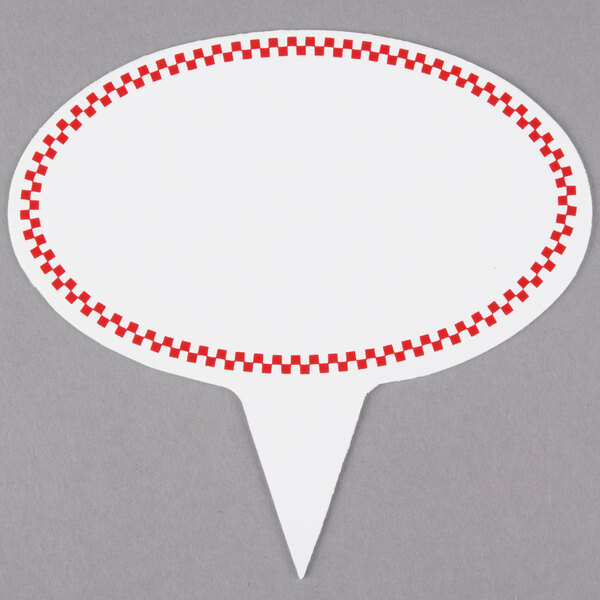 A white oval sign spear with a red checkered border.