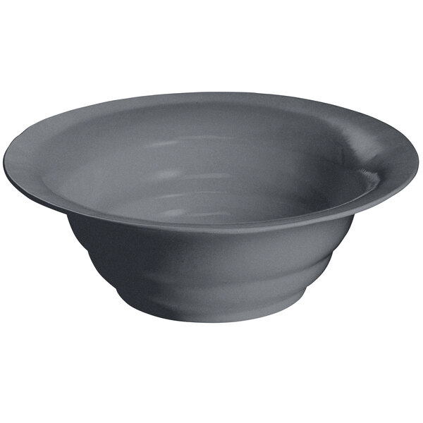 A gray Tablecraft wide rim salad bowl with a handle.