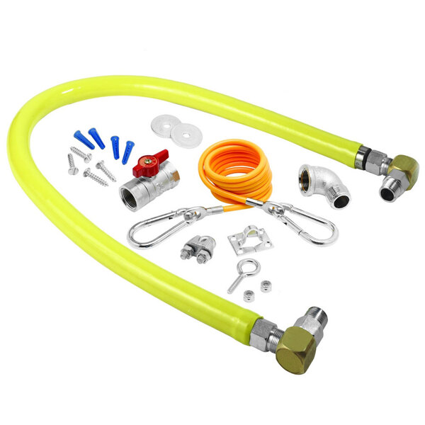 A close-up of a yellow T&S gas connector hose kit with various tools and accessories.