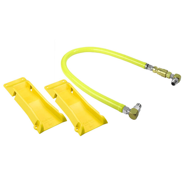 A yellow hose with two yellow plastic clips.
