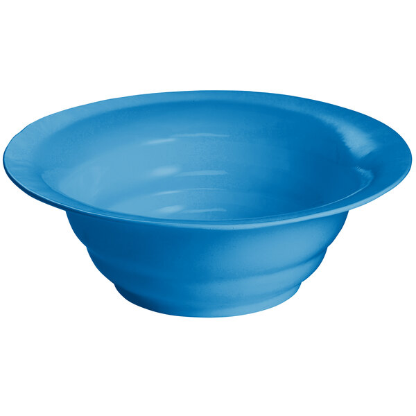 A sky blue Tablecraft cast aluminum salad bowl with wide rims.