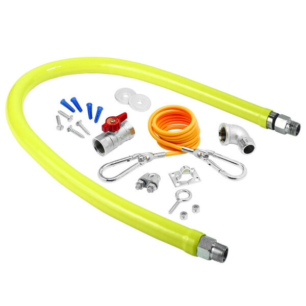 A yellow hose with various parts including screws and hoses.