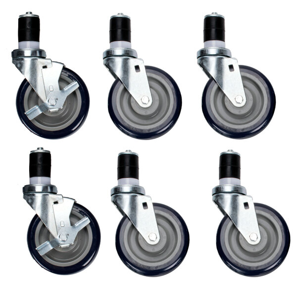 A set of six Eagle Group zinc swivel stem casters with rubber wheels.