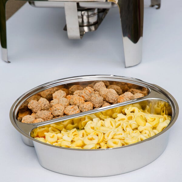 A white Acopa Supreme divided round food pan filled with pasta and meatballs.