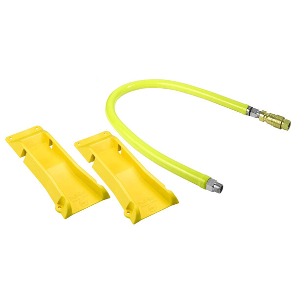 A yellow hose with silver swivel fittings and yellow POSI-SET wheel placement system.