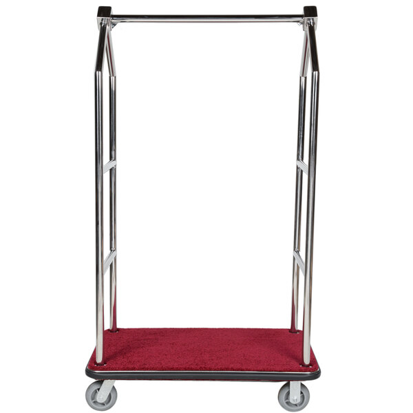 A stainless steel luggage cart with a red carpet on the platform and clothing rail.