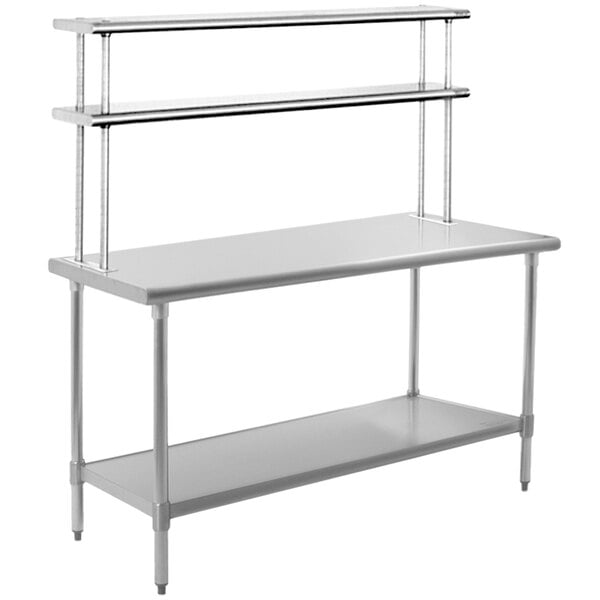 A white rectangular Eagle Group stainless steel work table with a Flex-Master overshelf.
