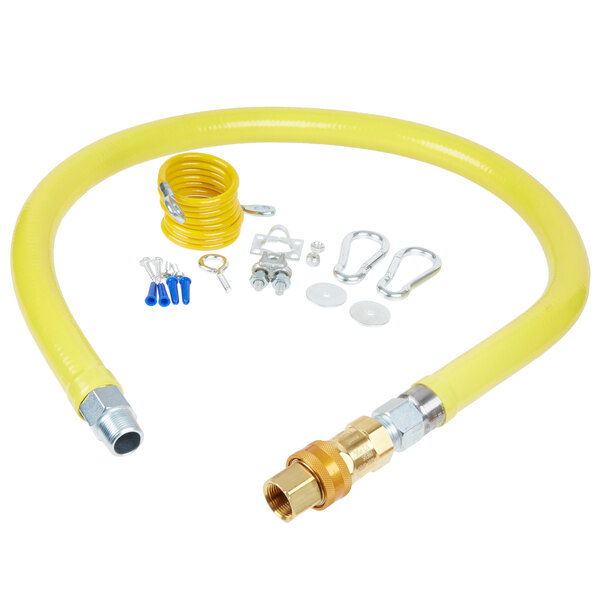 A yellow T&S Safe-T-Link gas connector hose with hose ends and a quick disconnect.
