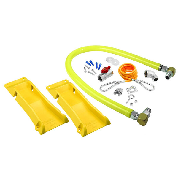 A yellow T&S gas connector hose kit with swivel fittings, quick disconnect, and other parts.