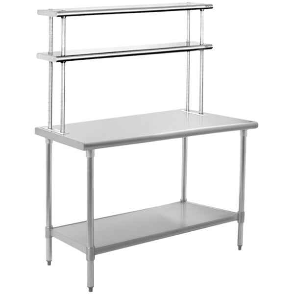 A white rectangular Eagle Group stainless steel work table with a Flex-Master overshelf attached.