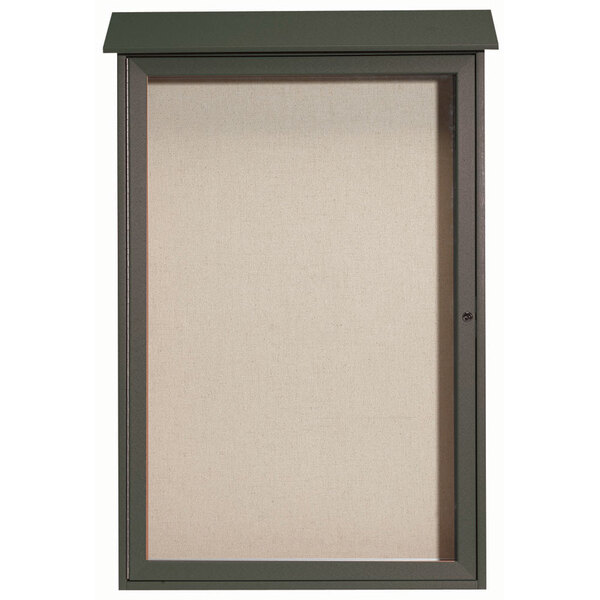A green outdoor Aarco bulletin board with a single hinged glass door.