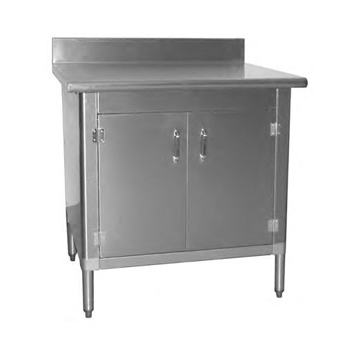 A stainless steel Eagle Group work table with hinged doors.