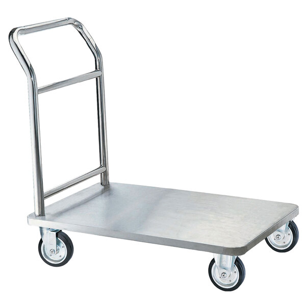 A stainless steel Aarco luggage cart with black wheels.
