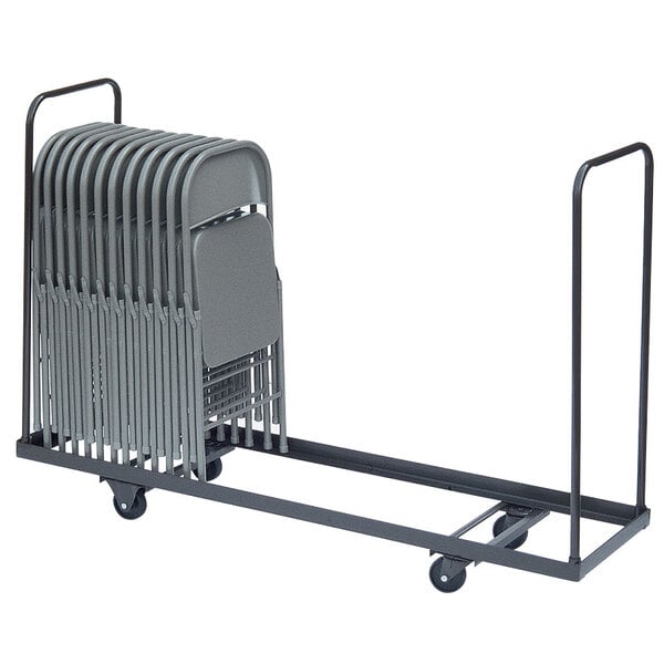 A black metal Correll standing folding chair truck with a stack of folding chairs.