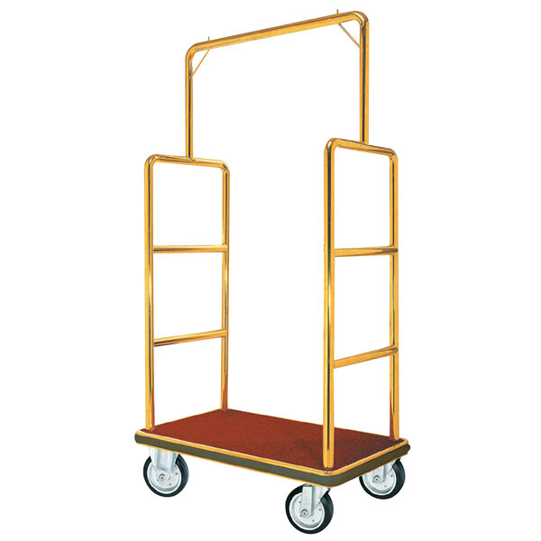 A stainless steel luggage cart with brass finish and wheels.