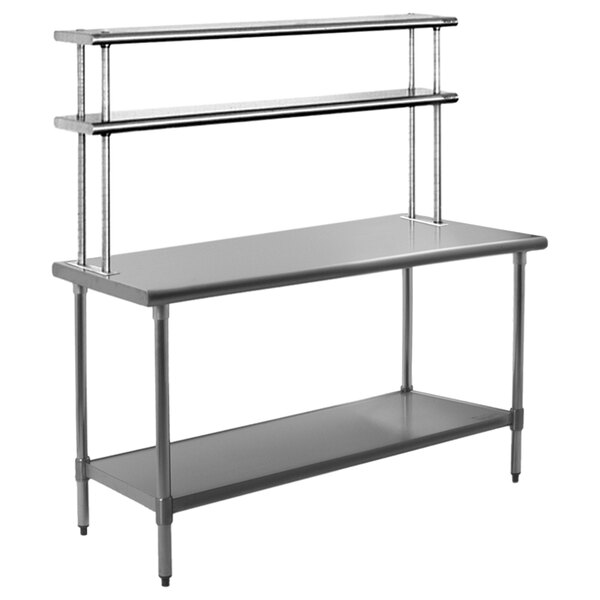 A stainless steel Eagle Group work table with Flex-Master overshelf and undershelf.