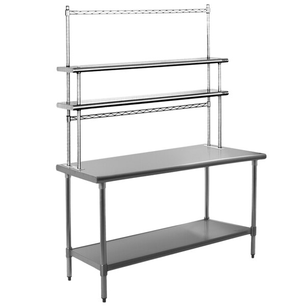 A stainless steel Eagle Group work table with undershelf and pot racks.