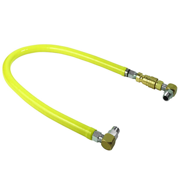 A yellow T&S gas connector hose with metal swivel fittings.