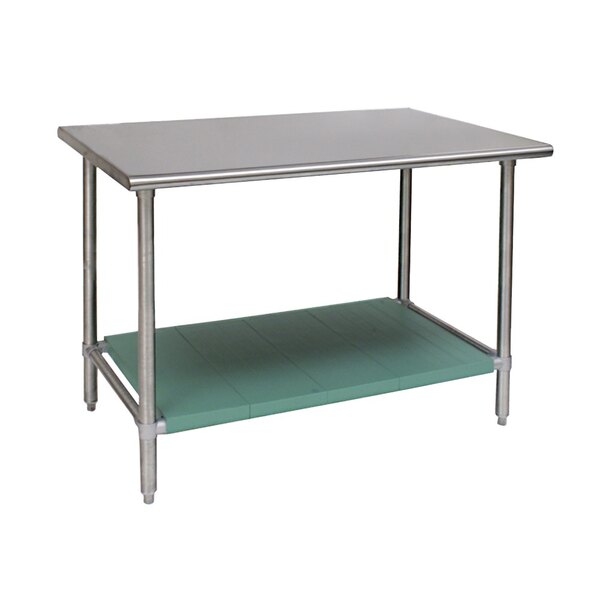 A silver rectangular Eagle Group stainless steel work table with a green undershelf.