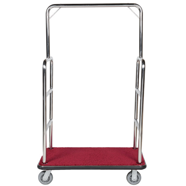 A stainless steel rectangular luggage cart with a red carpet on it.