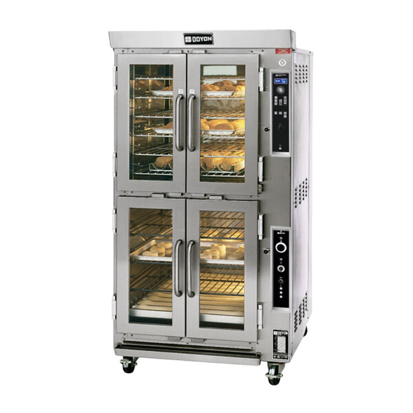 A Doyon double deck oven proofer with racks of food in it.