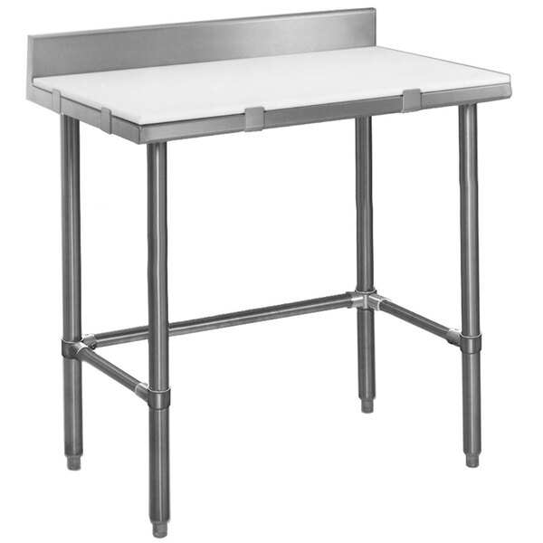 A white Eagle Group poly top cutting table with metal legs.