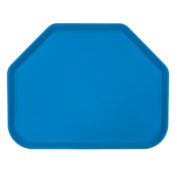 A blue fiberglass trapezoid-shaped tray with a white border.