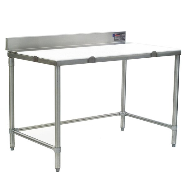 A white poly top Eagle Group cutting table with metal legs.