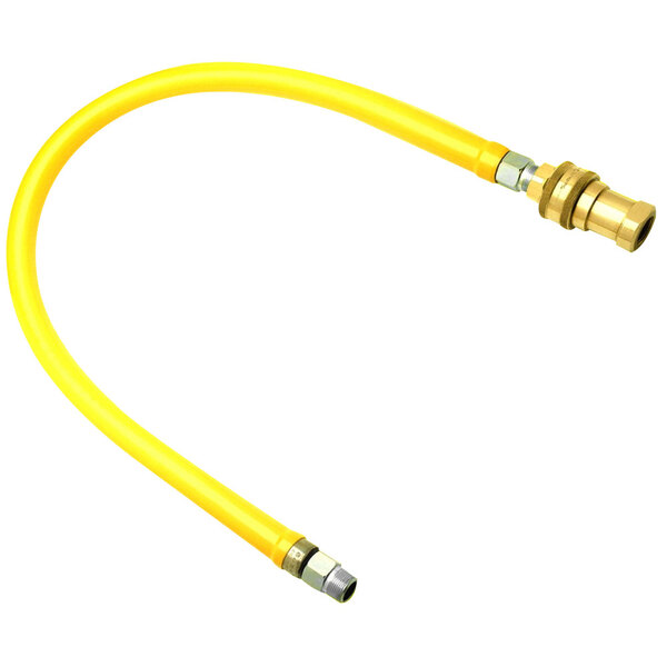A yellow T&S Safe-T-Link gas connector hose with brass male ends.