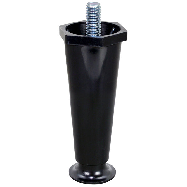 A black plastic appliance leg with a screw in it.