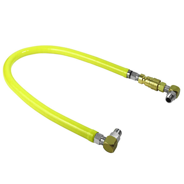 A yellow T&S gas connector hose with silver and yellow fittings.