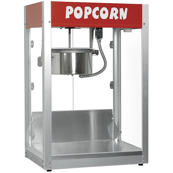 A Paragon Thrifty Pop popcorn popper with a red and white pot on top.