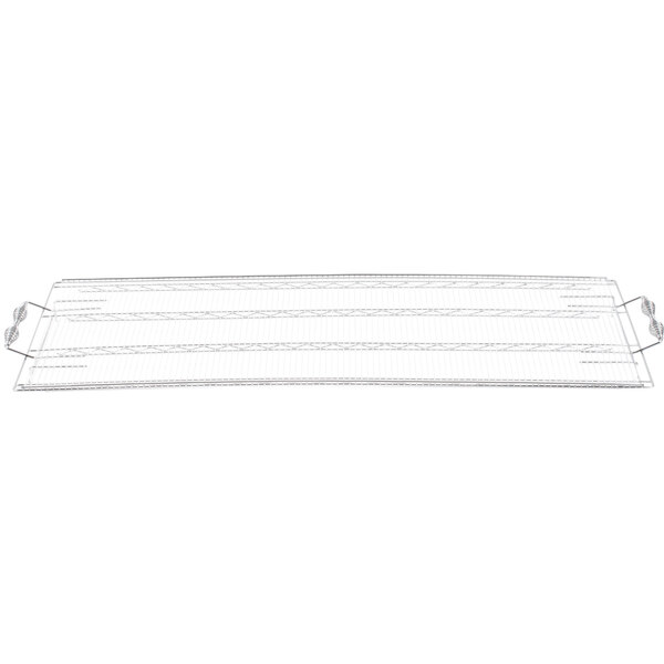 A white wire mesh rectangular cooking grate with two handles.