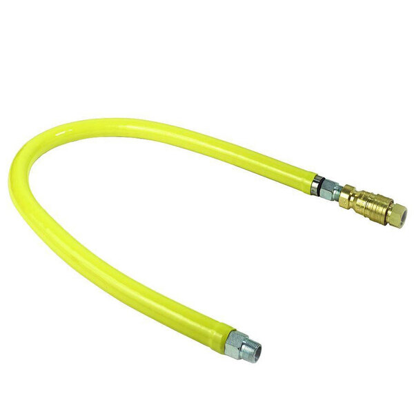 A yellow flexible hose with brass connectors and a restraining cable.