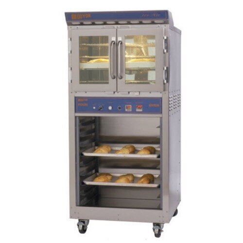 A Doyon bakery convection oven with trays of pastries on a rack.