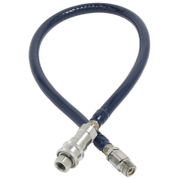A blue T&S water appliance hose with a silver connector.
