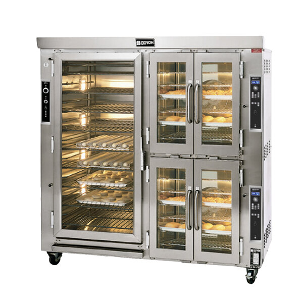 A Doyon liquid propane oven proofer combo with several racks of food inside.