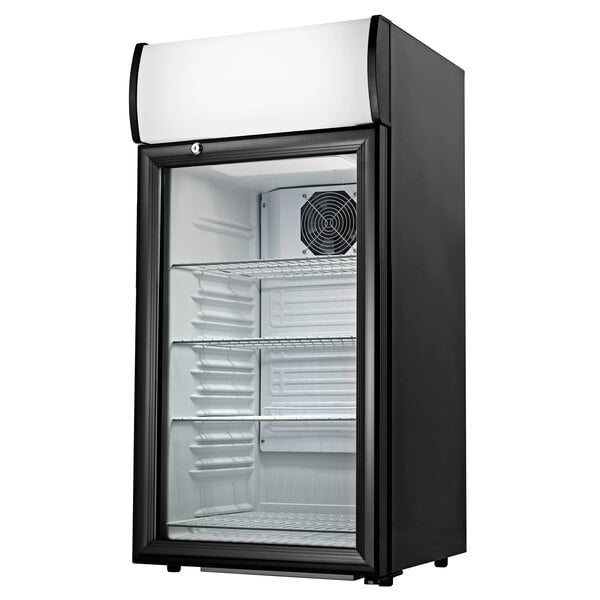 A black Cecilware countertop display refrigerator with a glass swing door.