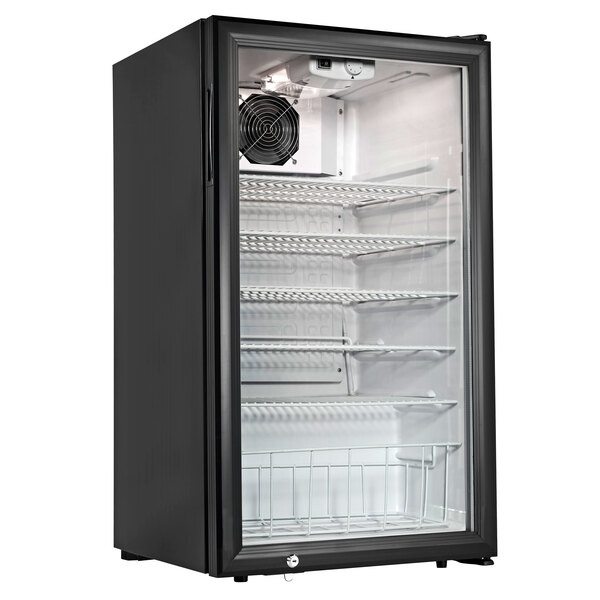 A black Cecilware countertop display refrigerator with a glass door.