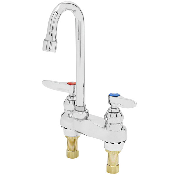 A chrome T&S deck mounted lavatory faucet with a rigid gooseneck nozzle.