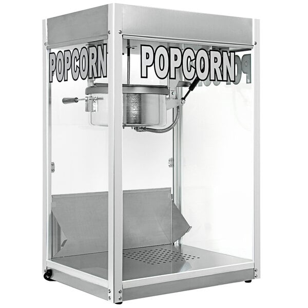 A Paragon popcorn machine with a silver container and white lid.