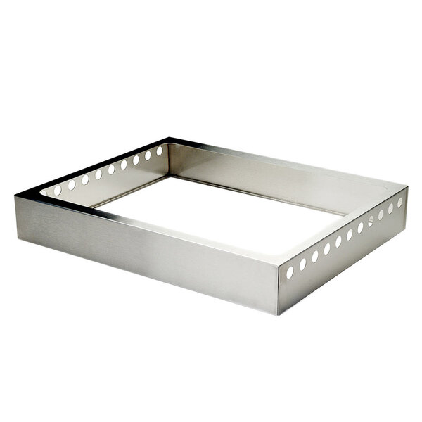A rectangular stainless steel tray with holes.