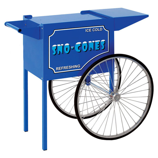 A blue Paragon medium snow cone cart with wheels.