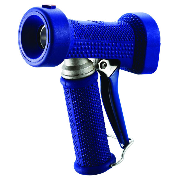 A blue and silver T&S stainless steel pre-rinse spray gun with a blue rubber cover.